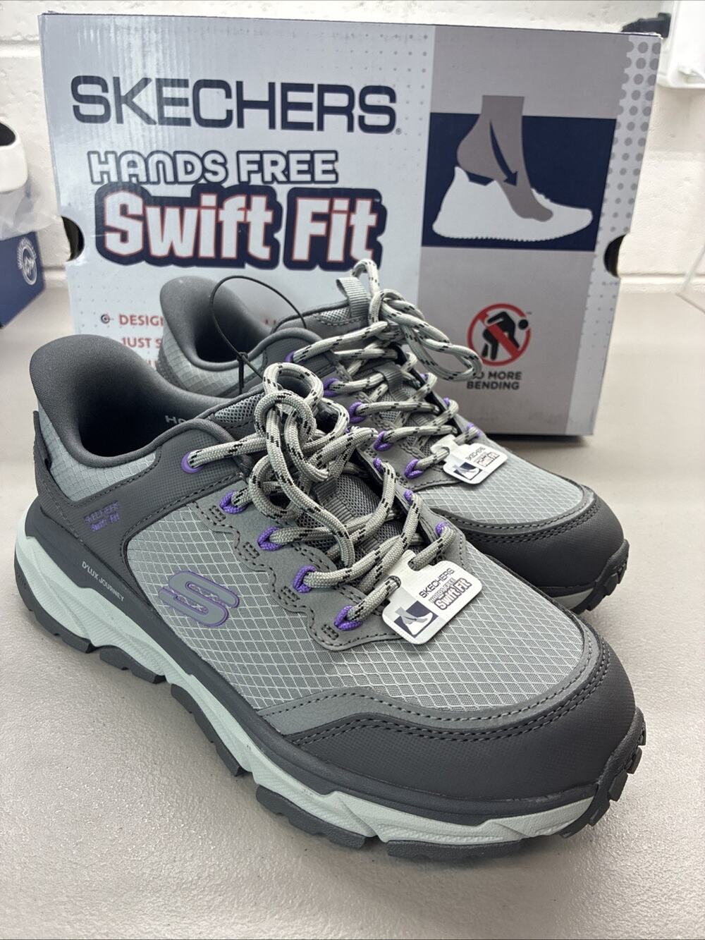 New Skechers Women's Swift Fit Hiker Sneaker, charcoal/purple 179442S, Size 7.5